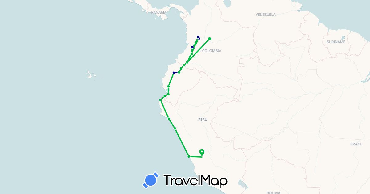 TravelMap itinerary: driving, bus, plane in Colombia, Ecuador, Peru (South America)